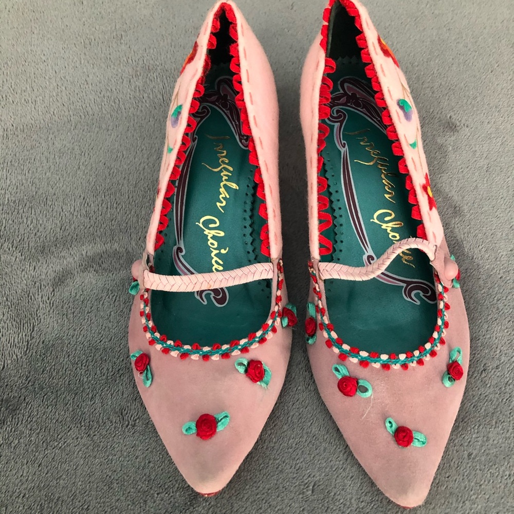 Irregular Choice pink floral slip on kitten heels